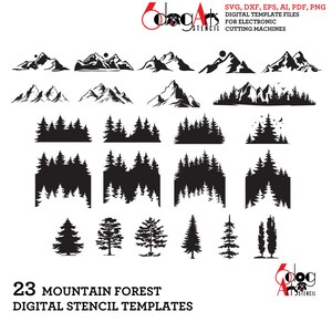 A set of 23 digital mountain and forest stencil templates for electronic cutting machines. The templates include various mountain ranges, trees, and forest scenes. The designs are black and white and are perfect for creating unique crafts and projects.