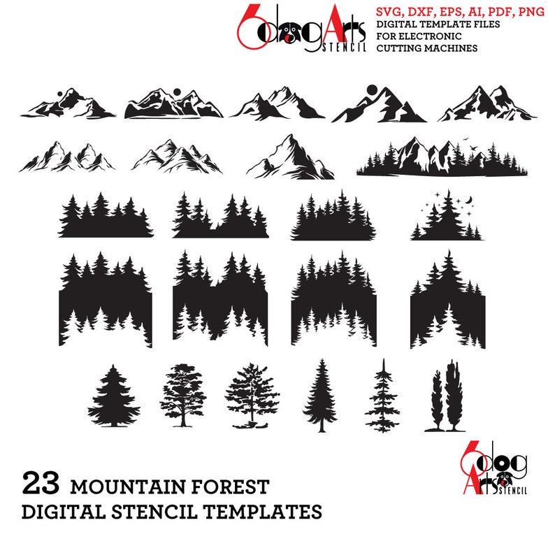 A set of 23 digital mountain and forest stencil templates for electronic cutting machines. The templates include various mountain ranges, trees, and forest scenes. The designs are black and white and are perfect for creating unique crafts and projects.