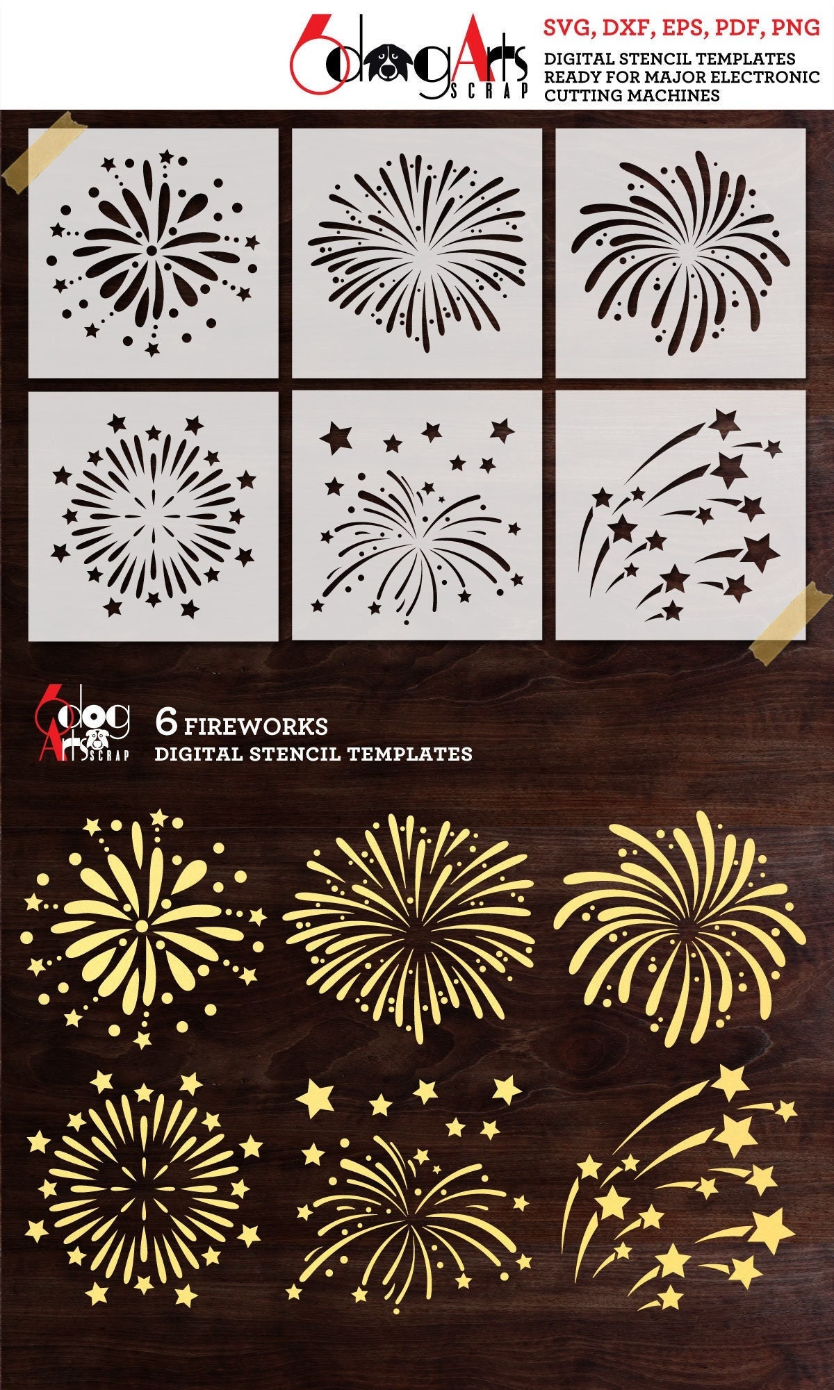 6 Christmas New Year Fireworks Digital Stencil Templates SVG DXF files Mylar Film GlowForge Laser Cutting Cricut Instant Download JS-248