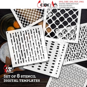Puede incluir: Un conjunto de ocho plantillas blancas con varios patrones geométricos y abstractos. Las plantillas están dispuestas sobre una superficie de madera oscura, con texto que indica que son plantillas digitales para máquinas de corte electrónico. Las plantillas son de 6dogArts.