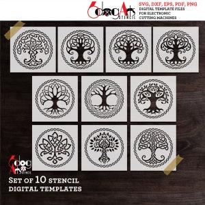 Könnte beinhalten: Set mit 10 digitalen Schablonenvorlagen mit keltischen Lebensbaum-Designs. Jedes Design ist ein kreisförmiges Muster mit einem Baum in der Mitte und einem Knotenseilrand.