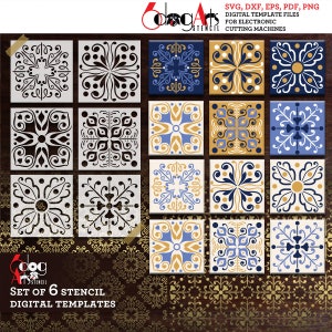 6 Mexican Talavera Tile Digital Stencil Templates SVG DXF vector files diy Mylar Film Cutting Crafts Silhouette Cricut Download JB-1517