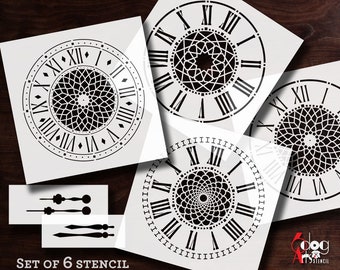 May include: A collection of six digital clock face stencils, each with a Roman numeral design and detailed patterns. The stencils are available in SVG, DXF, EPS, PDF, and PNG formats for electronic cutting machines. The text "Set of 6 Stencil Digital Templates" is displayed.