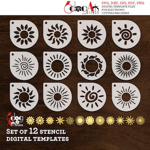 May include: Set of 12 digital sun stencil templates for electronic cutting machines. The templates feature various sun designs with different patterns and styles.