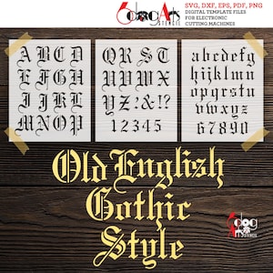 Plantillas digitales de letras del alfabeto inglés antiguo (archivos SVG y DXF), Silhouette, Cricut, corte de película Mylar, descarga instantánea JS-150