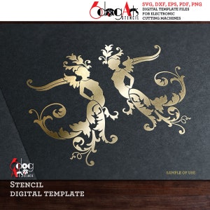 Può includere: Un modello digitale per uno stencil con due figure stilizzate con motivi floreali. Le figure sono dorate su uno sfondo nero. Il testo "STENCIL DIGITAL TEMPLATE" è in basso nell'immagine.