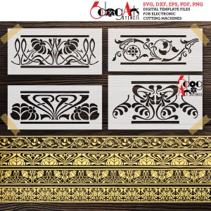 4 Art Nouveau Border Stripe Digital Stencil Templates SVG DXF Vector Files Mylar Cutting Laser Cricut Instant Download JS-137