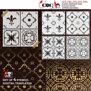 Può includere: Set di quattro modelli di stencil digitali per macchine da taglio elettroniche. Gli stencil presentano intricati disegni di piastrelle con motivi floreali e geometrici. I disegni sono mostrati su uno sfondo in legno scuro.