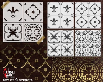 May include: Set of four digital stencil templates for electronic cutting machines. The stencils feature intricate tile designs with floral and geometric patterns. The designs are shown on a dark wood background.