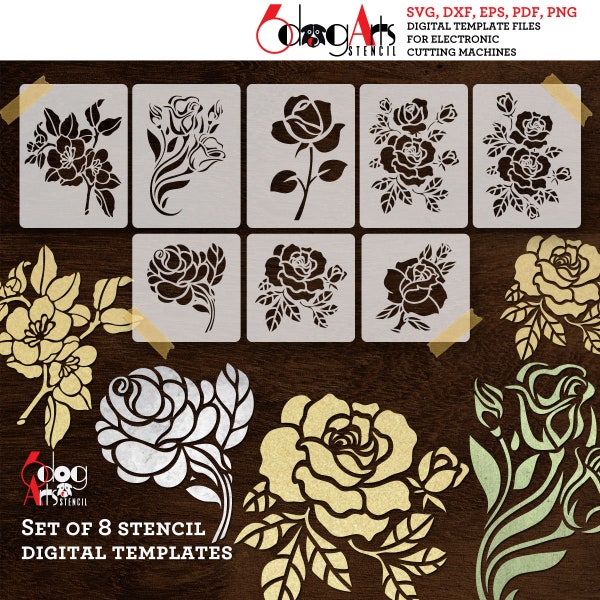 8 Flower Digital Stencil Templates SVG DXF eps pdf png files Mylar Film Cutting Wall Tile Scrapbooking Laser Cricut Download JS-104