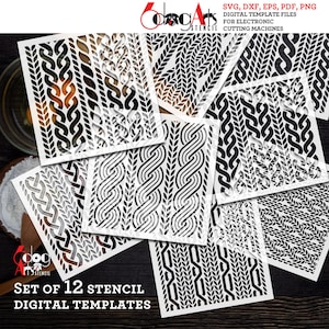 12 Strickmuster Digitale Schablone Vorlagen SVG DXF Download Vektor-Dateien Mylar Folie Laser Gel Print Maske Silhouette Cricut JS-233