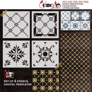 Pode incluir: Conjunto de quatro modelos de estêncil digitais para máquinas de corte eletrônicas. Os estênceis apresentam desenhos geométricos e florais em preto e branco.
