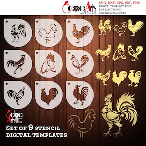 May include: Set of nine rooster silhouette stencils for crafting. The stencils are white and are arranged in a grid on a wood background. The text "Set of 9 Stencil Digital Templates" is at the bottom of the image.