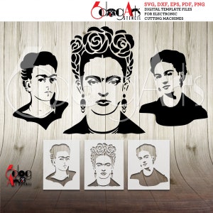 May include: A digital download of three stencil designs featuring Frida Kahlo. The stencils are black and white and show Frida Kahlo's face with a flower crown, Frida Kahlo's face without a flower crown, and Frida Kahlo's face with a flower crown and a simple background.