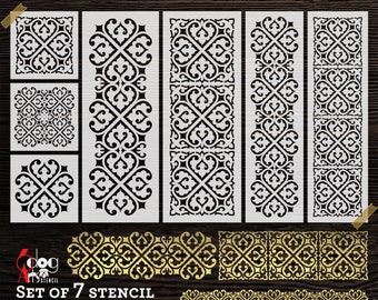 May include: Set of 7 digital stencil templates featuring a black and white intricate design with a repeating pattern of hearts and swirls. The stencils are perfect for crafting, home decor, and DIY projects.
