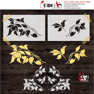 May include: A set of four digital stencil designs featuring intricate leaf patterns. The stencils are in black, white, and yellow, and are perfect for crafting and decorating projects.