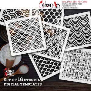 Puede incluir: Conjunto de 16 plantillas de esténcil digitales con un patrón repetitivo de semicírculos superpuestos. Las plantillas están diseñadas para su uso con máquinas de corte electrónicas. La imagen muestra las plantillas dispuestas sobre una superficie de madera.