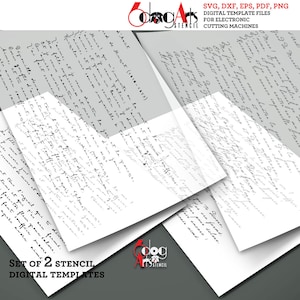 Pode incluir: Conjunto de dois modelos de estêncil digitais para máquinas de corte eletrônicas. Os modelos apresentam texto escrito à mão em tinta preta em papel branco. O texto inclui as palavras "Muse!" e "Ruissalar Ame".
