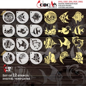 May include: Set of 12 digital fish stencil templates for electronic cutting machines. The stencils feature a variety of fish designs, including angelfish, pufferfish, and clownfish.