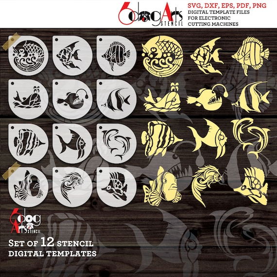 12 Fish Digital Cookie / Tile Stencil Templates SVG DXF vector files Mylar Polyester Film Laser Cutting Silhouette Cricut Download JB-1595
