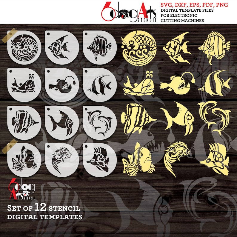 May include: Set of 12 digital fish stencil templates for electronic cutting machines. The stencils feature a variety of fish designs, including angelfish, pufferfish, and clownfish.