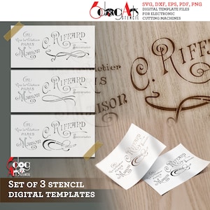 May include: Set of three digital stencil templates for electronic cutting machines. The stencils feature the text "C. RIFFARD (32) Rue le Velotion PARIS Maison Succursales".