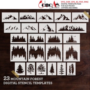 A set of 23 digital mountain and forest stencil templates for electronic cutting machines. The templates include various mountain ranges, trees, and forest scenes. The designs are in black and white and are suitable for crafting projects.