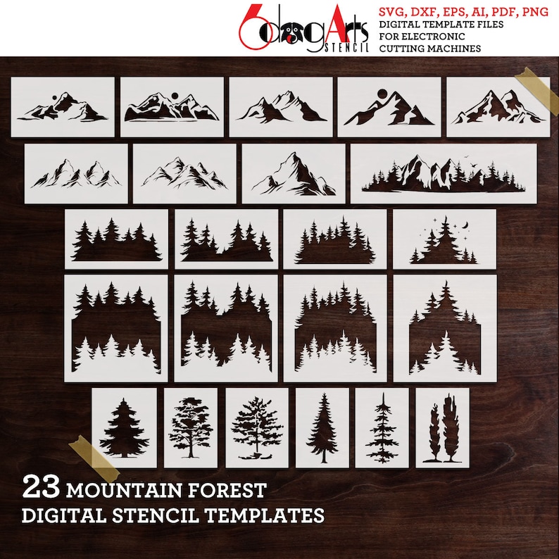 A set of 23 digital mountain and forest stencil templates for electronic cutting machines. The templates include various mountain ranges, trees, and forest scenes. The designs are in black and white and are suitable for crafting projects.