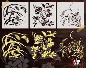 3 Japanese Flowers Digital Stencil Templates SVG DXF Vector Files Mylar Film Cutting Fabric Wall Painting Scrapbooking Laser Cricut JS-215