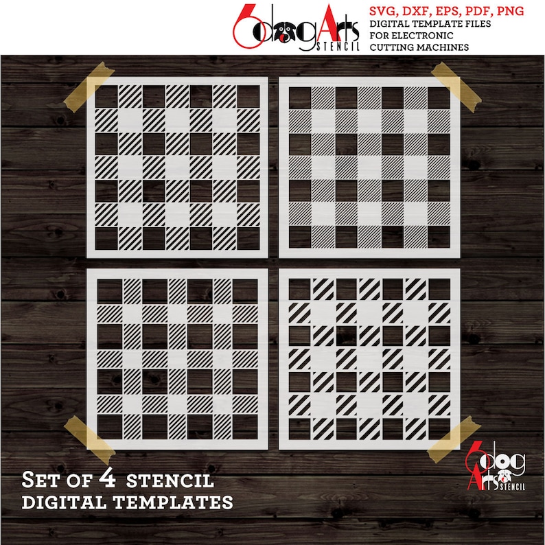 May include: Set of four digital stencil templates featuring different plaid patterns. The stencils are in black and white and are perfect for crafting projects.