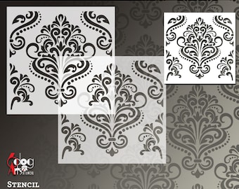 May include: A digital template for a damask pattern stencil. The design features a repeating pattern of intricate swirls and floral motifs. The template is available in SVG, DXF, EPS, PDF, and PNG formats.