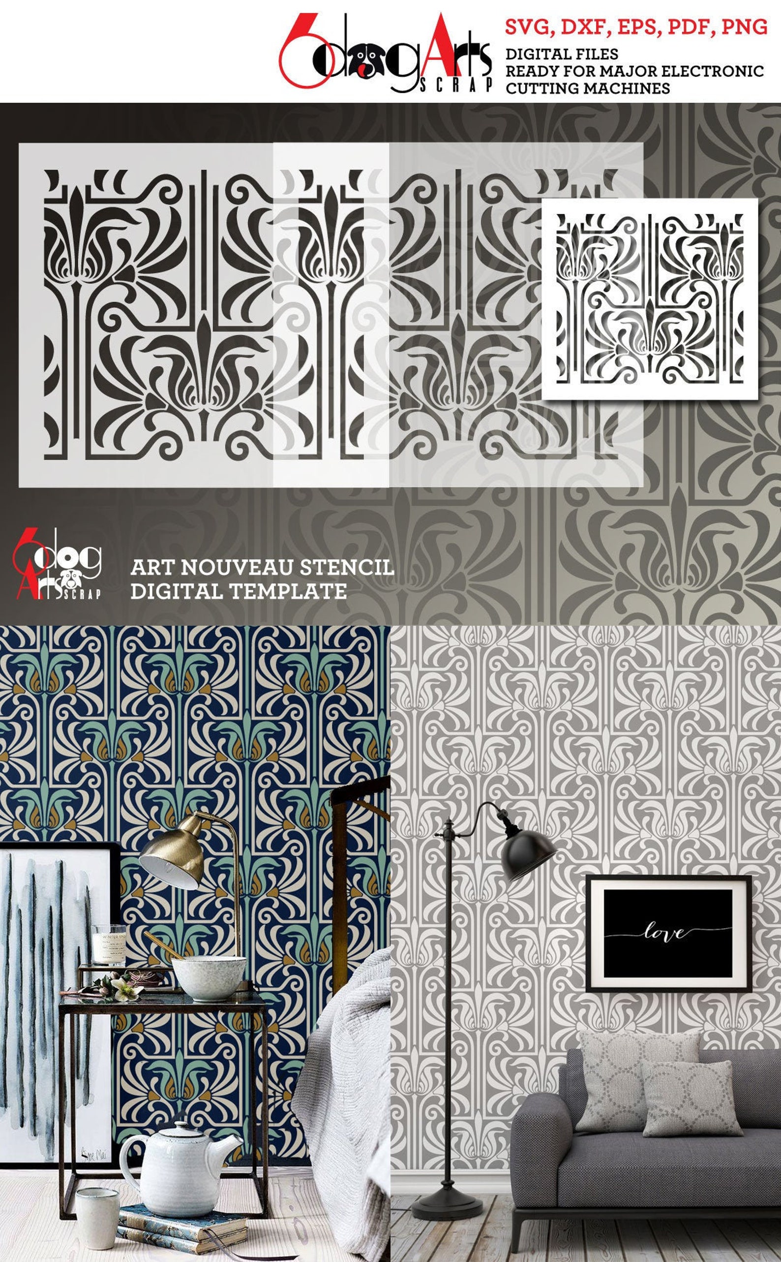 Art Nouveau Pattern Wall Digital Stencil Template Vector Files Etsy