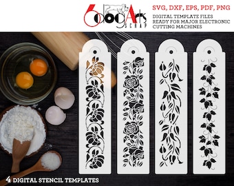 4 Floral Stripes Digital Stencil Templates SVG DXF Vector Files Mylar Film Laser Cutting Cricut Instant Download JS-98