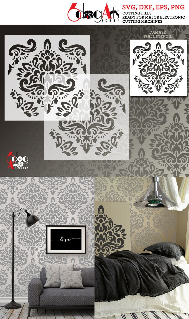 Download Damask Wall Digital Stencil Vector Cut Files SVG DXF ...