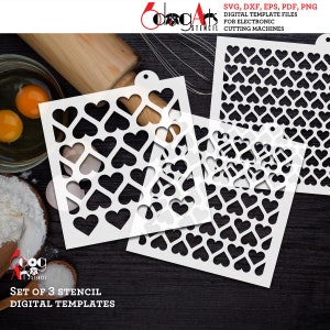 3 Hearts Digital Pattern Cookie Stencil Templates Download SVG DXF vector files Mylar Film Cutting Laser Silhouette Cricut JB-1336