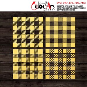 May include: Four digital stencil templates featuring a yellow and black plaid pattern. The templates are ready for use with major electronic cutting machines. SVG, DXF, EPS, PDF, PNG.