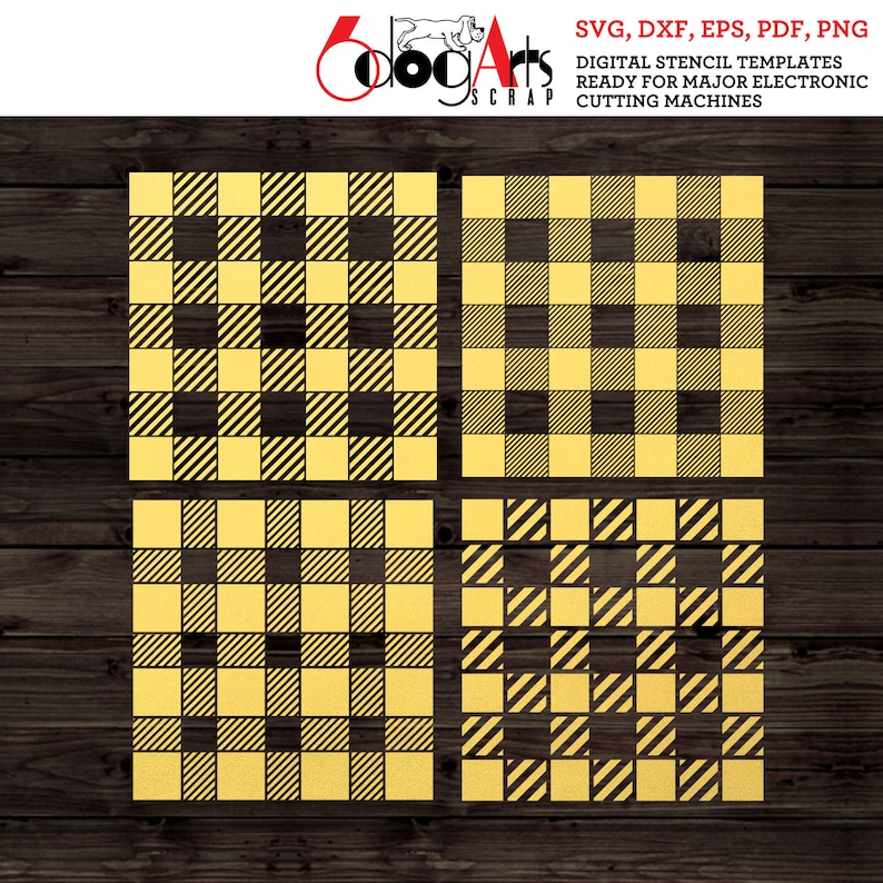 May include: Four digital stencil templates featuring a yellow and black plaid pattern. The templates are ready for use with major electronic cutting machines. SVG, DXF, EPS, PDF, PNG.