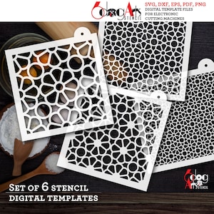 May include: Set of six digital stencil templates featuring a geometric pattern of overlapping circles and flowers. The stencils are designed for use with electronic cutting machines. SVG, DXF, EPS, PDF, and PNG file formats are included.