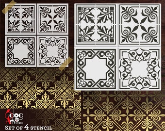 May include: Set of four digital stencil templates for electronic cutting machines. The stencils feature intricate black and white geometric designs with floral motifs. The designs are shown on a dark wood background with a gold pattern.
