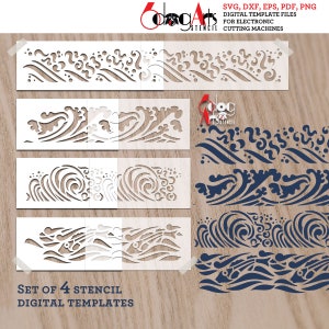 4 Modelos de estêncil/decalque digital de borda náutica SVG DXF arquivos vetoriais diy Mylar vinil corte artesanato silhueta Cricut download JB-1400
