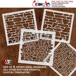 May include: Set of four digital stone wall seamless pattern stencil templates for electronic cutting machines. The templates are in SVG, DXF, AI, PDF, and PNG formats.