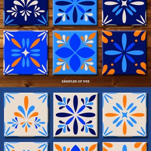 Set of six digital tile designs featuring blue, orange, and white geometric patterns. The tiles are arranged in a 3x2 grid. SVG, DXF, EPS, PDF, PNG digital files ready for major electronic cutting machines. Samples of use are shown below.