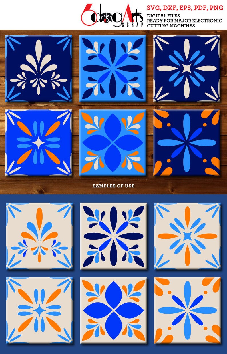 Set of six digital tile designs featuring blue, orange, and white geometric patterns. The tiles are arranged in a 3x2 grid. SVG, DXF, EPS, PDF, PNG digital files ready for major electronic cutting machines. Samples of use are shown below.