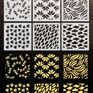 Set of six digital stencil templates featuring various leaf and floral designs. The designs are black on a white background. The text "Set of 6 Stencil Digital Templates" is at the bottom of the image.