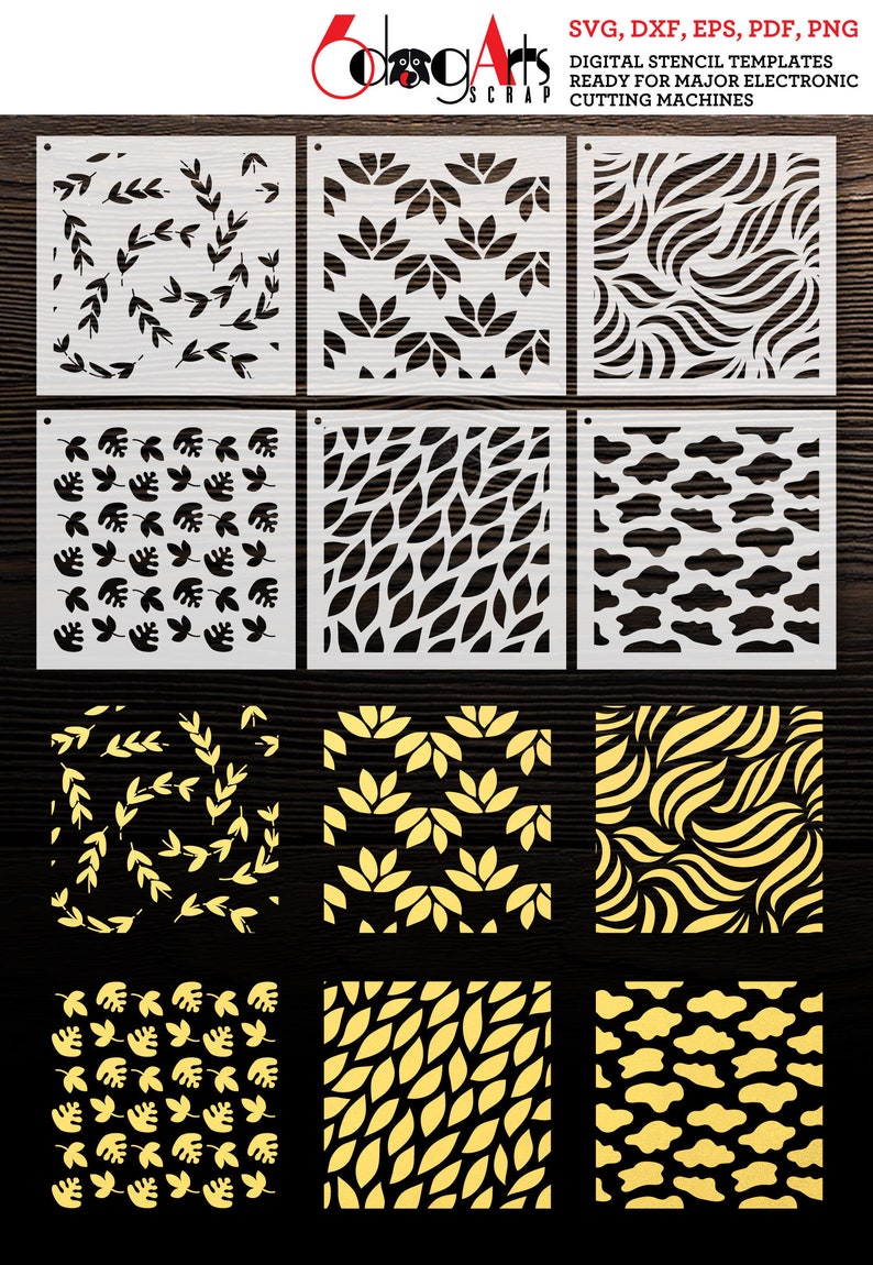 Set of six digital stencil templates featuring various leaf and floral designs. The designs are black on a white background. The text "Set of 6 Stencil Digital Templates" is at the bottom of the image.