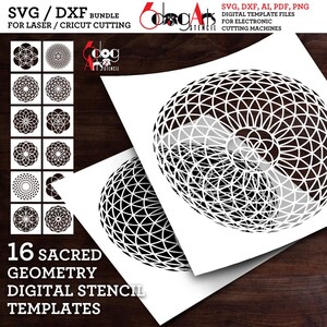 May include: A digital bundle of 16 sacred geometry stencil templates featuring intricate circular patterns in black and white. The files are provided in SVG, DXF, AI, PDF, and PNG formats for use with laser and electronic cutting machines.