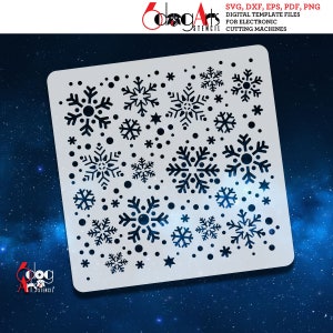 May include: A white stencil with a repeating pattern of snowflakes and dots. The stencil is designed for use with electronic cutting machines. SVG, DXF, EPS, PDF, PNG digital template files.