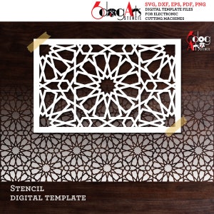 May include: A white geometric stencil with a repeating star pattern. The stencil is on a brown wooden background. The text "STENCIL DIGITAL TEMPLATE" is below the stencil.