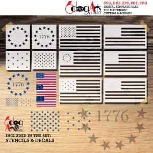 May include: A set of digital cut files for electronic cutting machines featuring various American flag designs. The designs include a traditional American flag, a flag with stars in a circle, and a flag with stars in a circle and the year 1776. The designs are perfect for creating patriotic crafts and decorations.