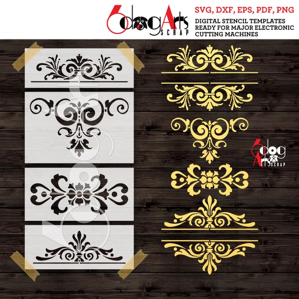 4 Baroque Divider Design Digital Stencil Templates SVG DXF Vector Files Mylar Cutting Laser GlowForge Cricut Instant Download JS-184